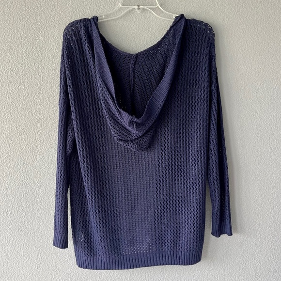 Navy Open Knit Hooded Long Cardigan - Picture 7 of 11